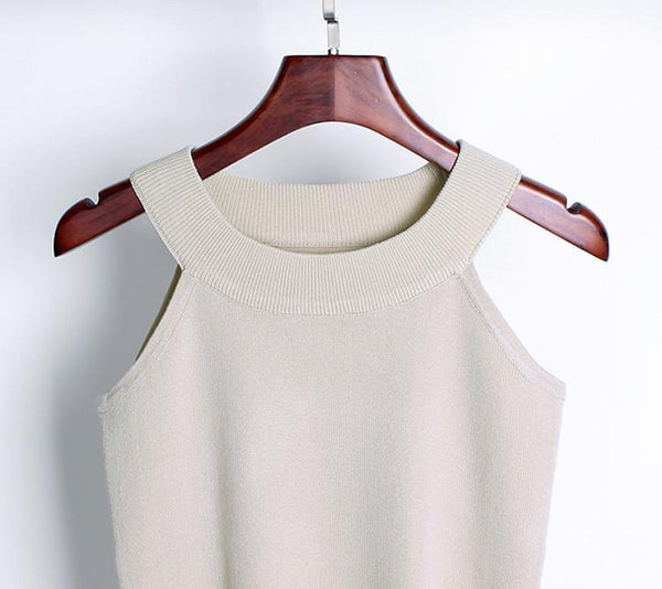 Summer Women Slim Knitting Halter Camisole Tops Female Bodycon Knitted Tanks Sleeveless Basic Solid T shirts  8017