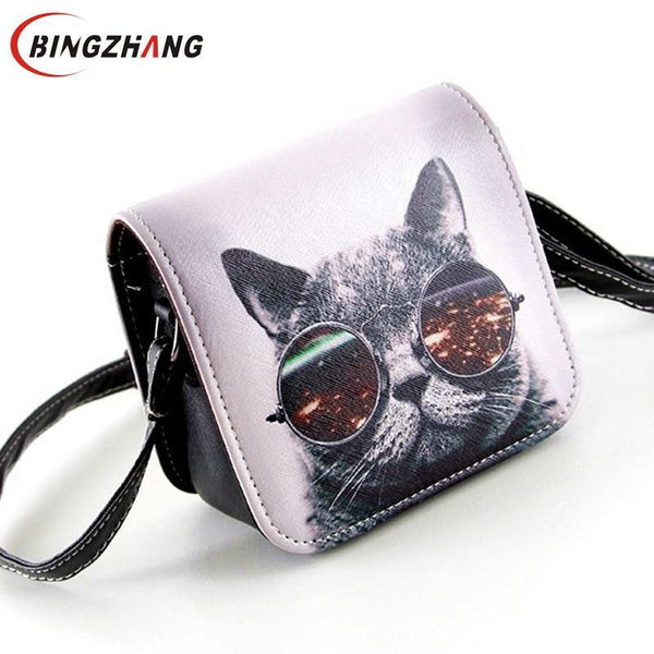 Bolsa Bolsos Carteras Women PU Leather Cat Wearing Big Glasses Print Shoulder Handbags 2017 Small Messenger Bag