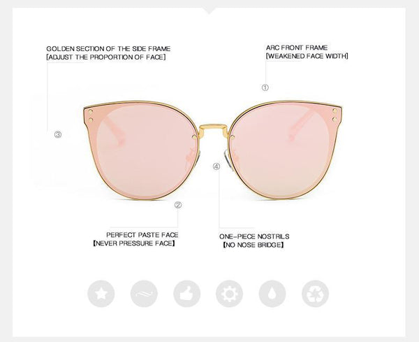 Oversized Cat Eye Sunglasses Women Round Mirror Gold Rose Frame Flat Mirror Sun Woman Fashion HD Lens Glasses