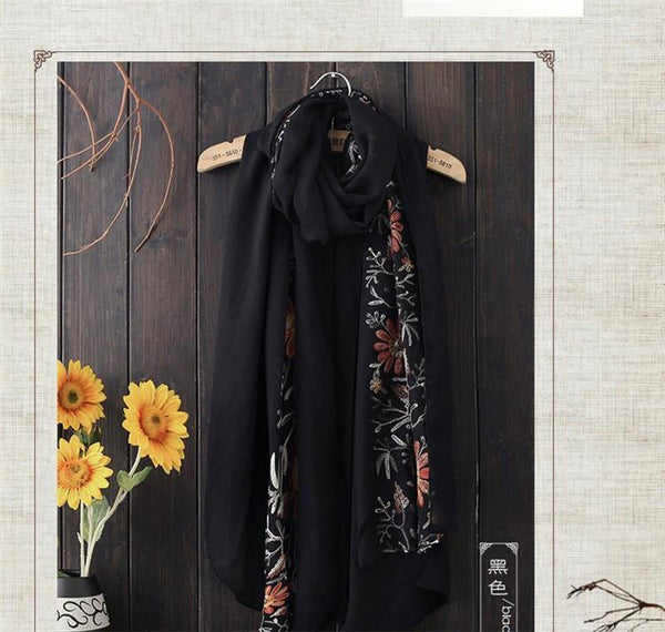 [DARIAROVA]High Fashion Winter Floral Embroidery Scarf Wrap Women Warm Cotton Shawls Scarves Embroidered Hijab Scarf From India