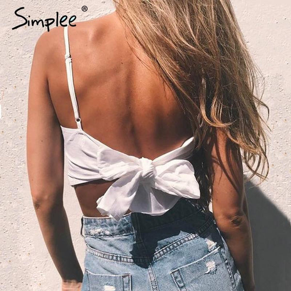 Belt lace up camisole tank top tees women Summer beach bow female cami crop top Sexy backless sleeveless short top