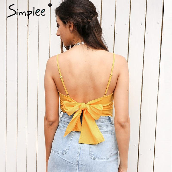 Belt lace up camisole tank top tees women Summer beach bow female cami crop top Sexy backless sleeveless short top