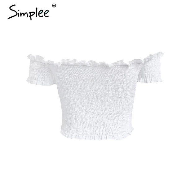 Simplee Sexy off shoulder black crop top Women summer slim ruffle short sleeve bustier top tees Party white camisole tank top
