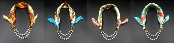 Women Pattern Printed Silk Scarf 2 Row Multi Pearls Pendant Scarf Small Choker Collar Scarf New Arrival Women Winter Scarf