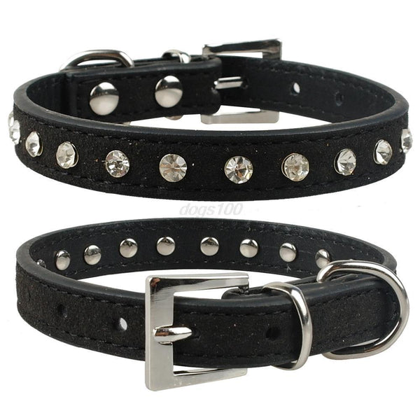 Clear Rhinestones Diamante Soft Suede Leather Dog Puppy Cat Collars 3 Sizes