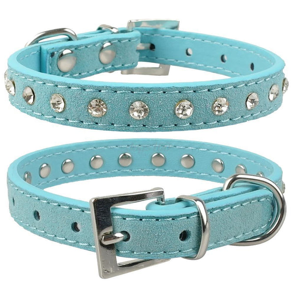 Clear Rhinestones Diamante Soft Suede Leather Dog Puppy Cat Collars 3 Sizes