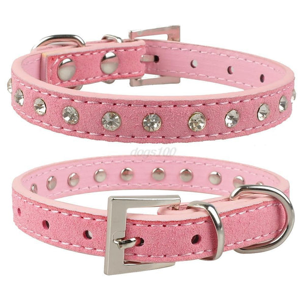 Clear Rhinestones Diamante Soft Suede Leather Dog Puppy Cat Collars 3 Sizes