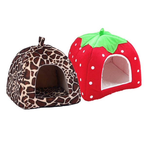 Cat House Foldable Soft Winter Leopard Dog Bed Strawberry Cave Dog House Cute Kennel Nest Dog Fleece Pet Cat Bed