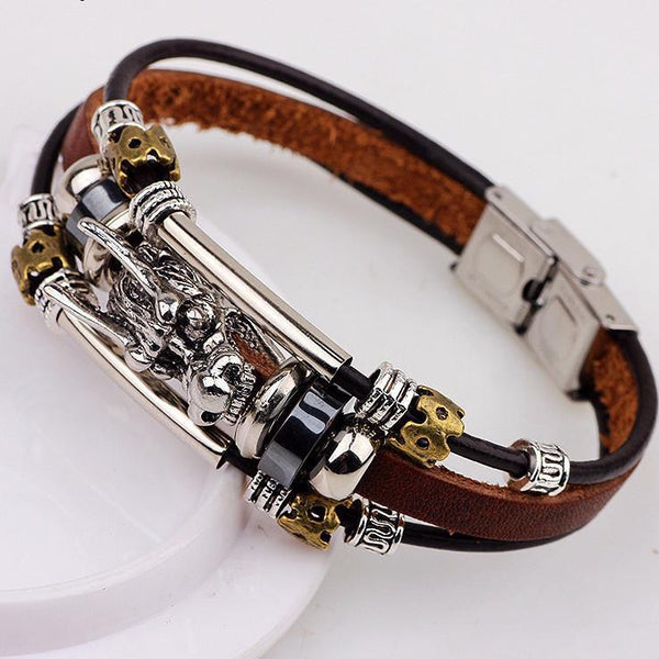 bracelet men Accessoires Tibetan silver men leather bracelet fashion male vintage parataxis dragon Multilayer jewelry