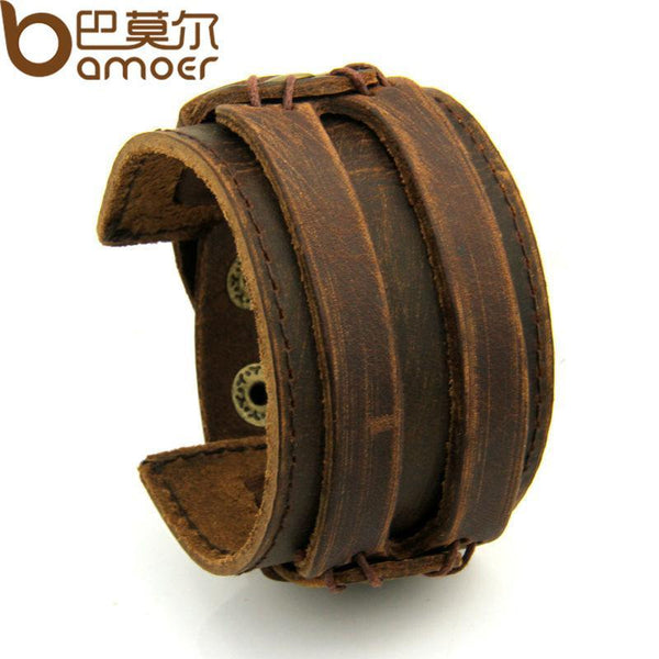 Men BAMOER Leather Cuff Double Wide Bracelet and Rope Bangles Brown for Men Fashion Man Bracelet Unisex Jewelry