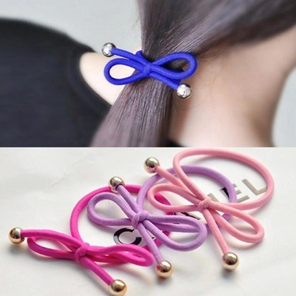 5Pcs/Bag Bowknot Gold Plated Beads Hair Holders Elastics 2015 New 12 Colours Women Rubber Bands  Girl's Tie Gum Hair Accessories